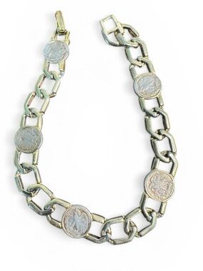 Gold-Tone Coin Link Bracelet with Vintage Style Medallions Fold Over Clasp 7.25”